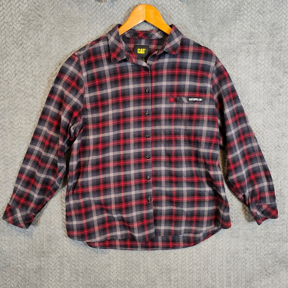 CAT Caterpillar Mens XL Red‎ Grey Plaid Flannel Button Up Shirt Stretch Workwear